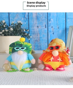 Detail of beach gnomes with sunglasses and beer props on blue wood background
