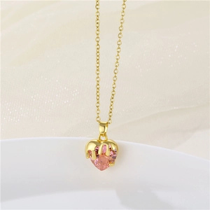Golden heart necklace with pink zircon pendant featuring unique melting gold design drip