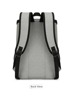 Back view of gray insulated picnic backpack featuring padded straps and mesh side pockets
