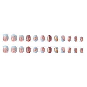 24pcs short round press-on nails with blue and pink marble design and gold foil accents