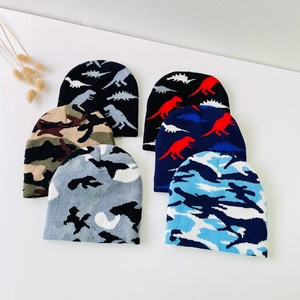 Baby Knit Beanie Hat Acrylic Dinosaur Pattern Camouflage Print Winter Warm Outdoor Thermal Headwear For Infants Toddlers