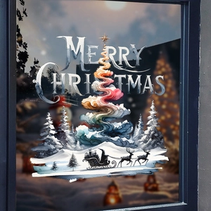 Christmas Window Clings Static Stickers Double Sided Watercolor Christmas Tree Reindeer Sleigh Glass Door Decals Holiday Decoration