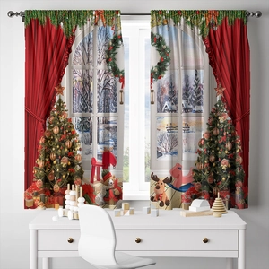 Detailed Christmas theme digital print on polyester curtains with snowy holiday scene
