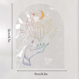 Detailed view of rainbow suncatcher window decal showing 12x11cm dimensions and moon patterns
