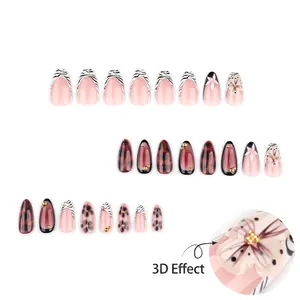 3D floral press-on nails with zebra stripes and tortoiseshell design set