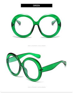 Detail view of stylish round oversized green transparent frame glasses from multiple angles