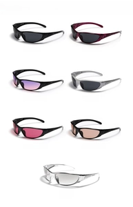Detailed grid of Y2K futuristic sunglasses available in seven diverse color options