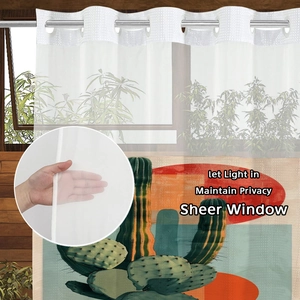 Sheer white shower curtain with cactus print and metal grommets for modern bathroom decor