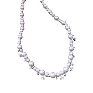 French vintage pearl necklace with star flower charms and shimmering rhinestones