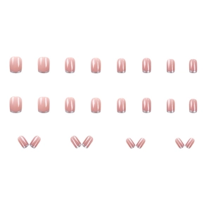 French nude press-on nails with silver glitter tips, 24-piece short square-round set