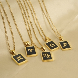 18K gold plated stainless steel zodiac pendant necklaces with black acrylic enamel inlays