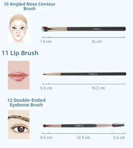 Detail view of 12pcs makeup brush set featuring nose, lip and double-ended eyebrow brushes