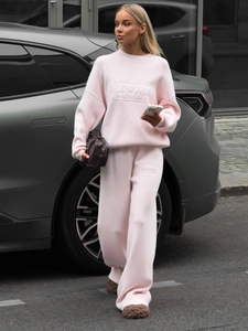 Women Knit Loungewear Cotton Polyester Crew Neck Long Sleeve Sweater Wide Leg Pants Cozy Solid Matching Apparel