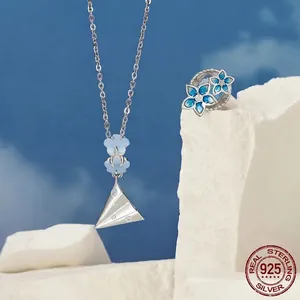 S925 sterling silver paper plane necklace and blue flower jewelry set for women