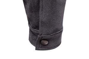 Detail view of dark grey suede jacket cuff featuring single button and neat stitching