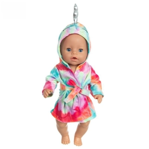 Detail of 18 inch doll in colorful tie-dye unicorn bathrobe with silver horn and blue eyes
