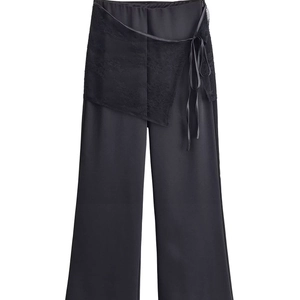 Pantalon Large Élégant Pour Femme Taille Haute Noir Dentelle Enveloppante Ruban Satiné Jambe Droite Bureau Décontracté