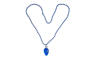 Blue beaded necklace featuring a Christmas bulb pendant arranged in a heart shape