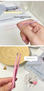 Close-up of pink professional eyelash tweezers gripping lashes with precision