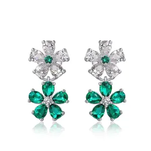 Double Flower Stud Earrings With 925 Sterling Silver Earring Post Lab-Grown Emerald White Zircon Fashion For Women