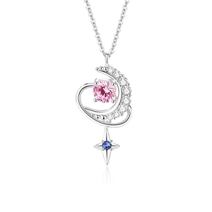 S925 silver moon and star necklace with pink and blue gemstones on a white background