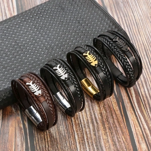 Men Multi Layer Braided Leather Bracelet With Stainless Steel Fishbone Charm And Magnetic Clasp Minimalist Punk Jewelry