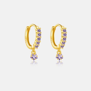 Macro shot of S925 sterling silver gold hoop earrings with purple zircon star pendants
