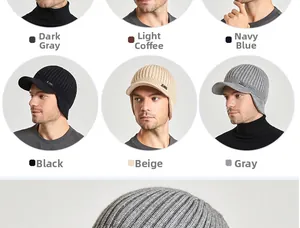 Men's winter knit beanie with visor and ear protection in six classic assorted colors