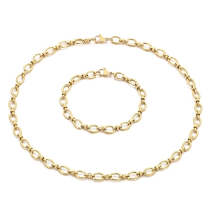 Minimalist gold stainless steel necklace and bracelet set with oval link chain design