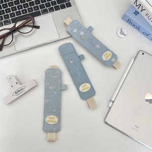 Denim elastic band pen pouch with star embroidery for iPad and notebook pencil storage
