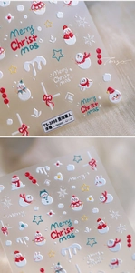 Macro detail of 3D embossed Christmas snowman nail stickers with snowflake patterns