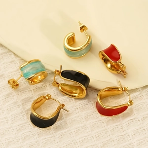 Minimalist C-shape enamel hoop earrings in red, black, and mint green with golden finish