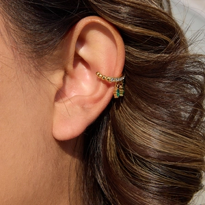 18K gold plated ear cuff featuring green zircon charms and white cubic zirconia accents
