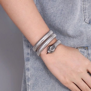 Bracelet serpent en acier inoxydable 304L argent rétro avec texture de style punk
