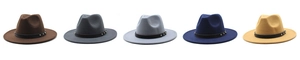 Detail of wool fedora hats in five colors with studded leather decorative bands