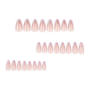 Pink cat eye press-on nails with glitter gradient and gold bow accents, almond shape