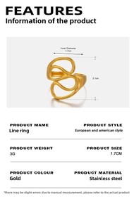 Detailed dimensions of gold wavy stainless steel ring with 1.7cm inner diameter and 3g weight