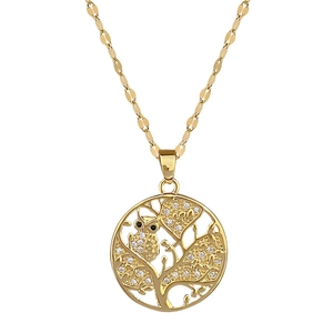 Elegant gold titanium steel owl and life tree necklace with sparkling white diamonds