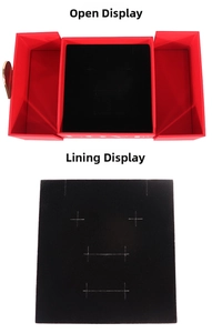 Three-fold red jewelry box featuring LOVE text and black velvet lining inserts