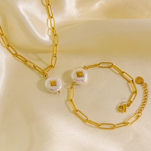 Artificial Baroque Pearl Jewelry Stainless Steel 14K Gold Plated Paperclip Chain Necklace And Bracelet Sun Star Pattern Vintage