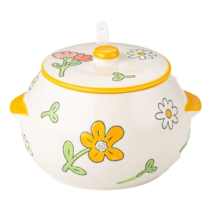 Ceramic lard pot with white daisy pattern and yellow handles for kitchen seasoning storage