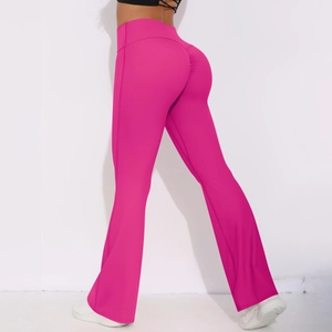 Detail of rose red high waisted flared yoga leggings with scrunched butt lifting design