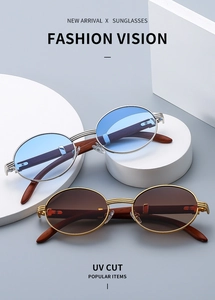 Detailed view of wood texture arms and oval metal frames with UV protection lenses