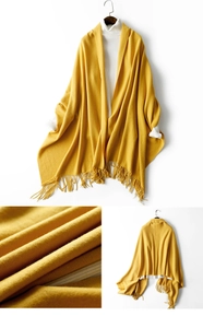 Detailed views of yellow knitted wool scarf showing fabric texture and fringe tassels