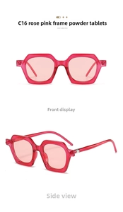 Detailed front and side views of C16 polygonal pink transparent sunglasses