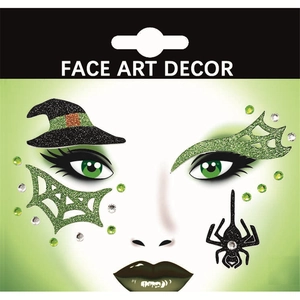 Detailed view of Halloween face art sticker with green glitter spider web and rhinestones