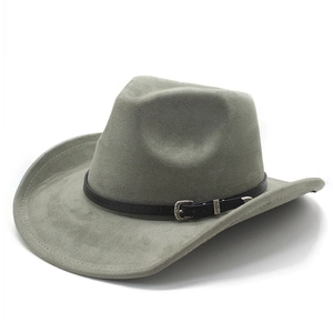 Detail view of Western cowboy hat featuring wide brim and black leather band with silver buckle