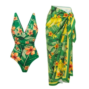 Maillot De Bain Une Pièce Femme Imprimé Tropical Volants Épaule Unique Jupe Portefeuille Assortie Vert Plage Haute Élasticité