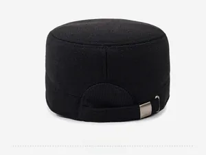 Detailed back view of black flat top cap with adjustable silver metal buckle strap