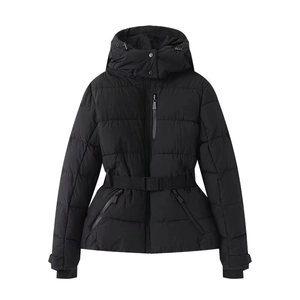 Detail of black hooded ski jacket with adjustable waist belt and zippered pockets
